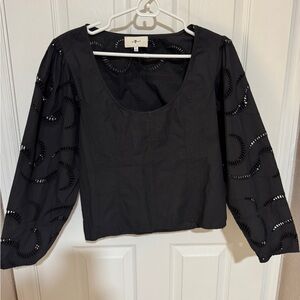 7 For All Mankind Black Scoop-Neck Eyelet Puff Sleeve Top